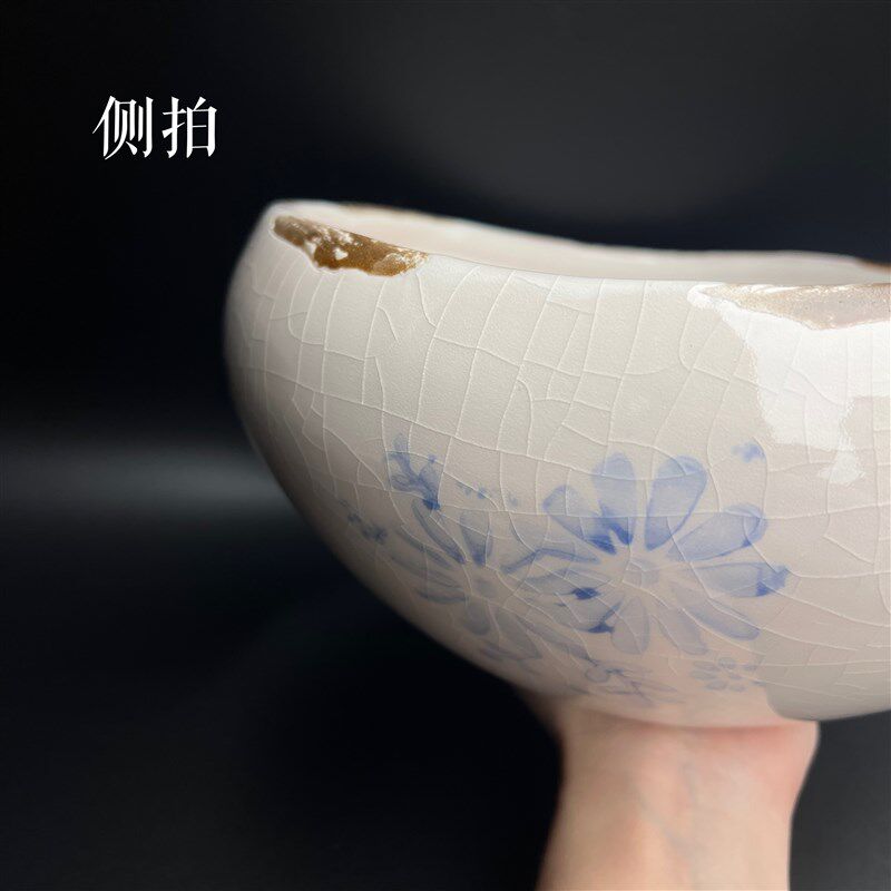 冰裂纹蓝彩复古印花碗边水仙碗莲蝴蝶兰多肉透气陶瓷厂家直销花盆