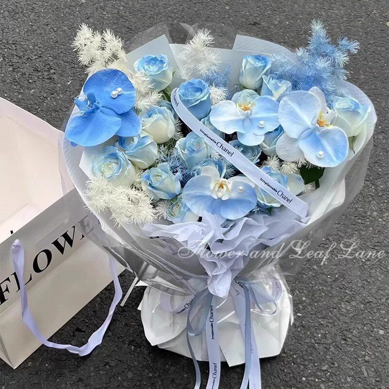 蓝色系蝴蝶兰绣球混搭花束仿真花成品生日礼物送女友朋友闺蜜男友
