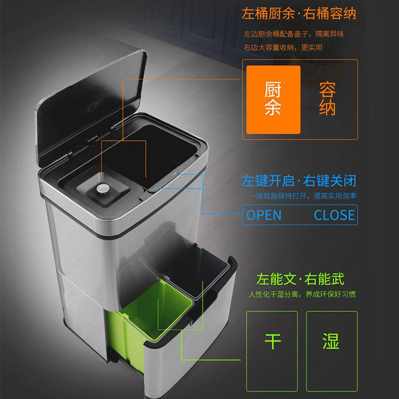 智能感应式双层多用分类垃圾桶30L67L不锈钢客厅厨房办公室卫生桶
