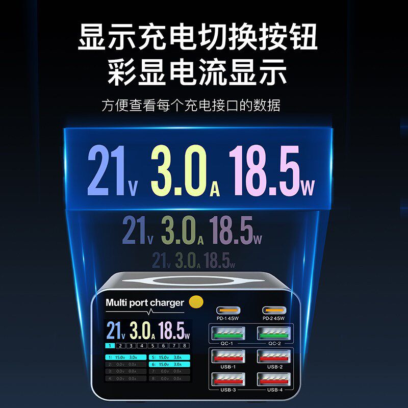 多口充电器USB插头快充独立数显电流显示手机平板笔记本电脑桌面