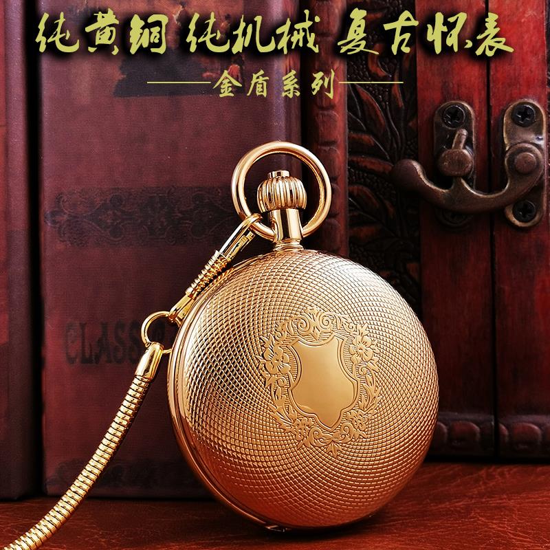 高端纯铜怀表机械复古男款全自动黄铜老上海古董金色定制可放照片 - 实物图