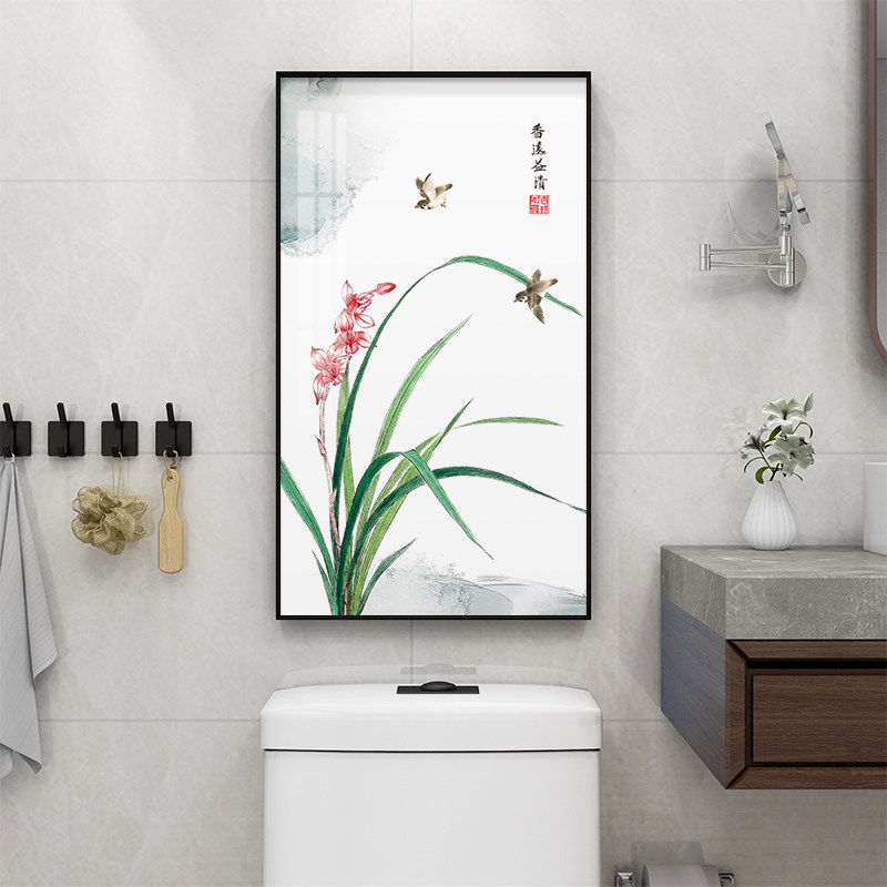 新中式兰花防水挂画 浴室免钉40X70cm金属框轻奢风格壁画