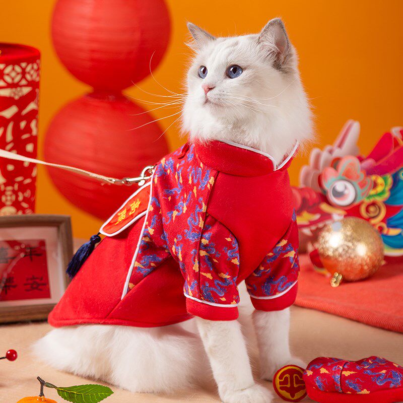 宠物猫咪新年复古带帽新年卫衣防掉毛衣服防掉毛布偶蓝猫暹罗幼猫
