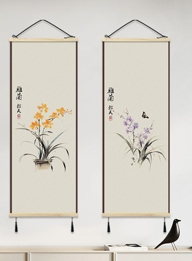 新中式布艺挂画茶室书房装饰画客厅背景墙玄关画走廊竖版画