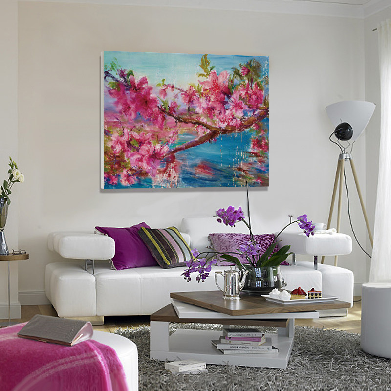 周春芽版画桃花风景 当代艺术画风景油画装饰画卧室挂画