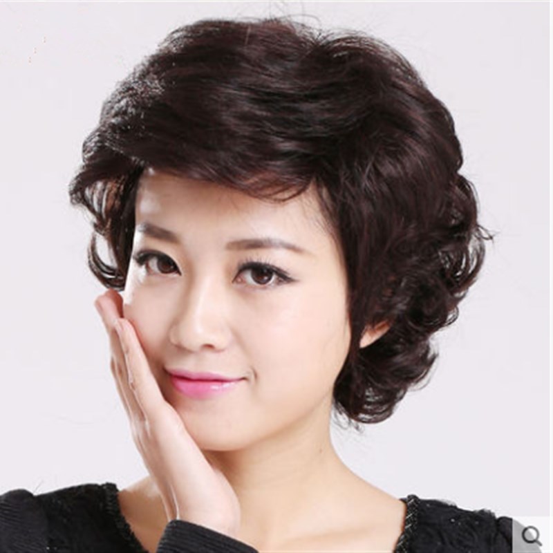 假发女全头套式中老年假发修脸蓬松中短卷发真发女士假发自然逼真