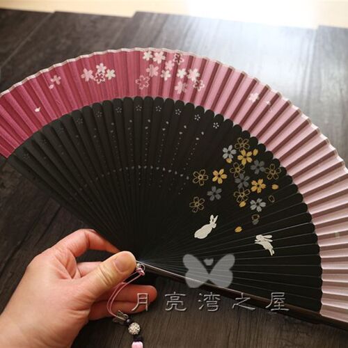 月亮扇复古风女扇古典折扇夏季折叠扇子旗袍走秀扇礼品扇粉樱花