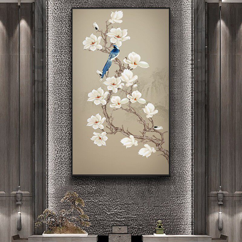 入户玄关花鸟装饰画新中式茶室禅意水墨挂画客厅走廊尽头竖版壁画