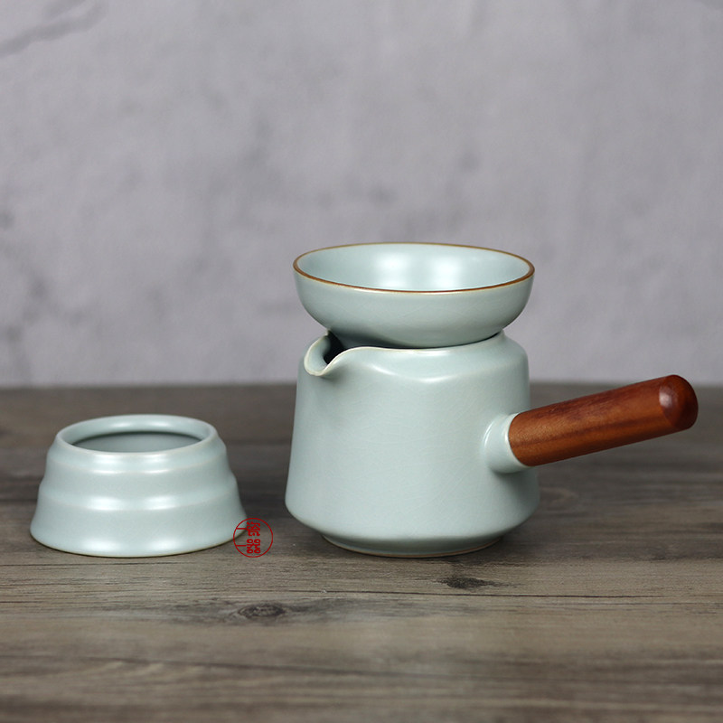 汝窑开片可养侧把公道杯陶瓷分茶器大号公杯带茶滤茶漏一套装日式