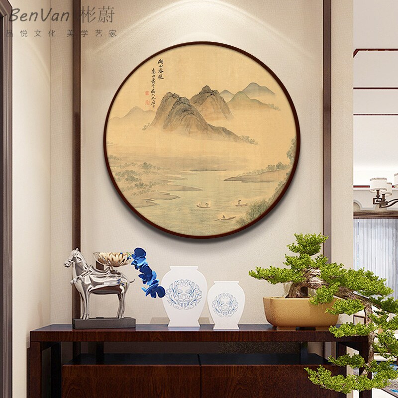 圆形山水挂画遮挡箱装饰画电表国画玄关中式背景墙客厅新中式定做