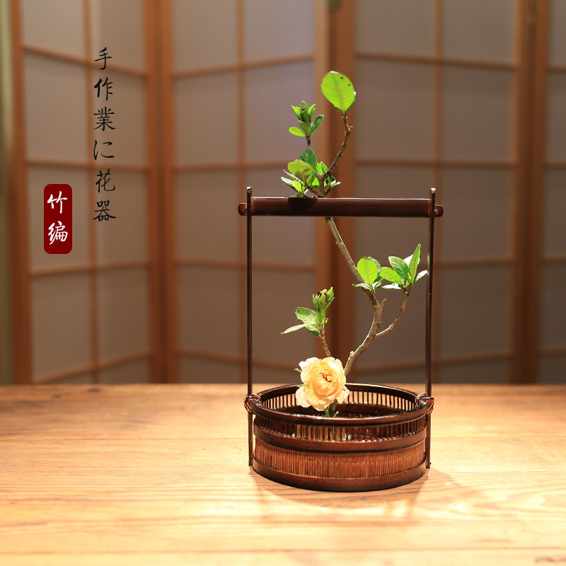 小原流花器花道插花花器 竹编花瓶花篮藤编手工田园摆件日式花器
