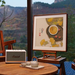 祝嘉望山小书房茶室三联装饰画实木高级感新中式餐厅卧室方形挂画