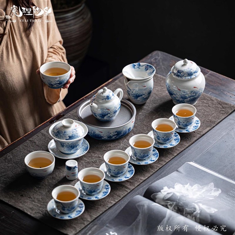 瓷里陶礼轻奢功夫茶具套装家用中式陶瓷泡茶壶三才盖碗茶叶罐全套