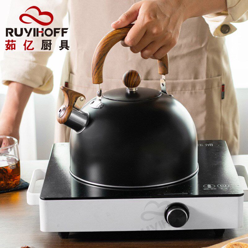 英式鸣笛不锈钢烧水壶家用酒吧木纹手柄煮水壶3L黑色鸣音壶厨房