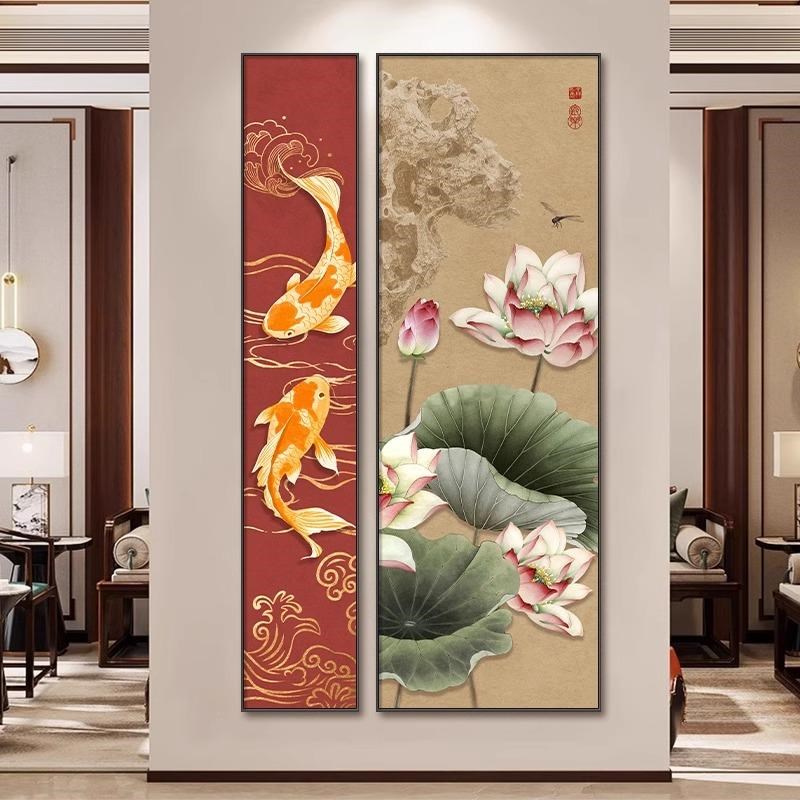 新中式入户玄关装饰画荷花高端大气走廊过道挂画锦鲤图组合二联画