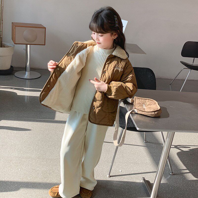 女童夹棉外套2024冬季新款秋冬款加绒厚棉衣冬装洋气女孩轻薄棉服