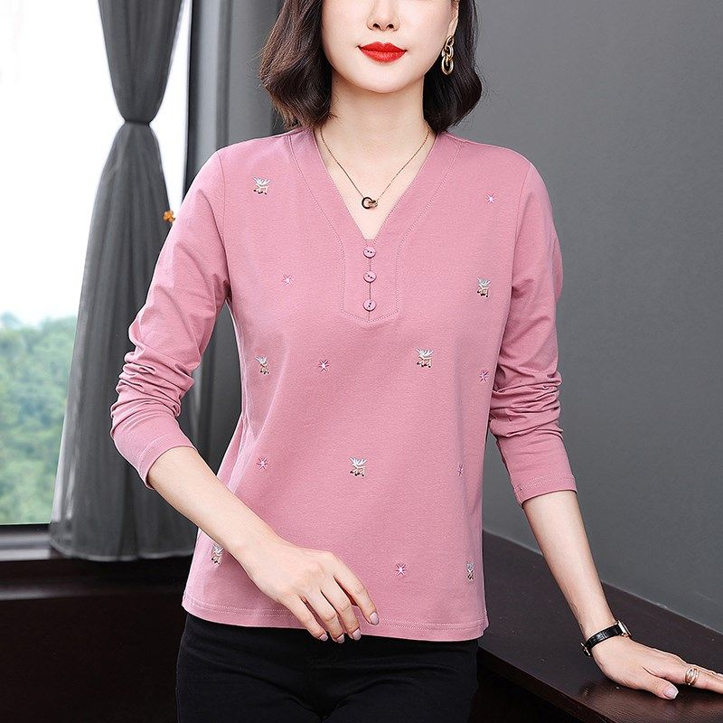 妈妈春秋装2024新款纯棉长袖t恤女中老年人洋气上衣服遮肚打底衫