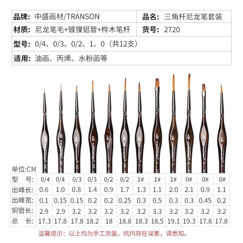中盛画材尼龙水粉水彩颜料丙烯油画笔套装学生艺考多笔头扇形勾线