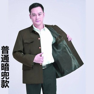 单层春秋中老年中山装男的确良上衣军便衣中国风爸爸装蓝色演出服