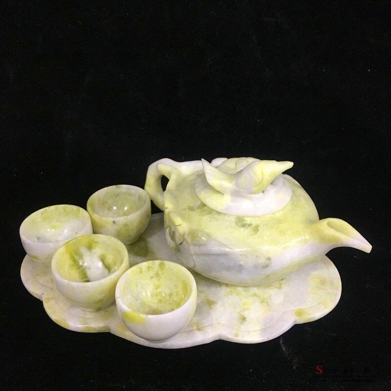 天然手工雕刻蓝田玉茶具玉石茶杯酒具摆件玉壶茶具套装工艺品摆设