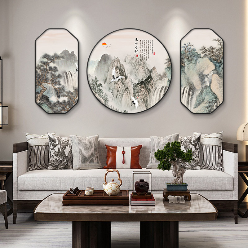山水画新中式客厅装饰画沙发背景墙挂画茶室三联画国画办公室壁画