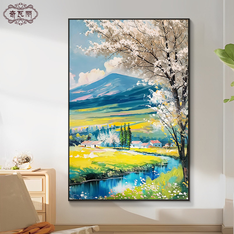 绿水青山入户玄关装饰画风景客厅山水画大芬油画村走廊过道挂画