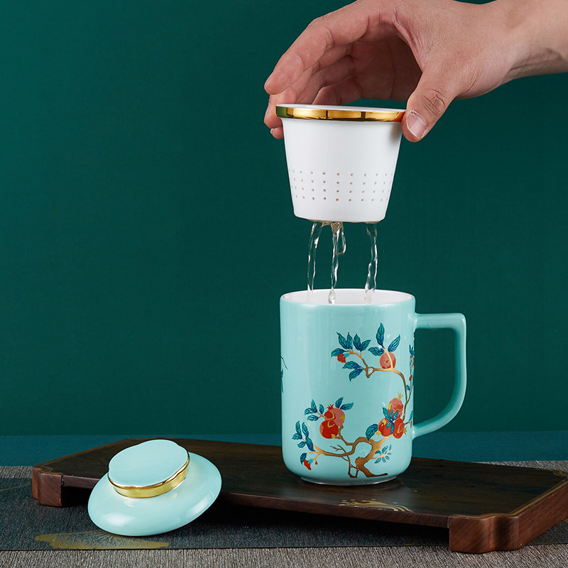 高淳陶瓷三件套滤茶杯中国风茶杯家用个人茶水杯带盖杯送礼礼盒装