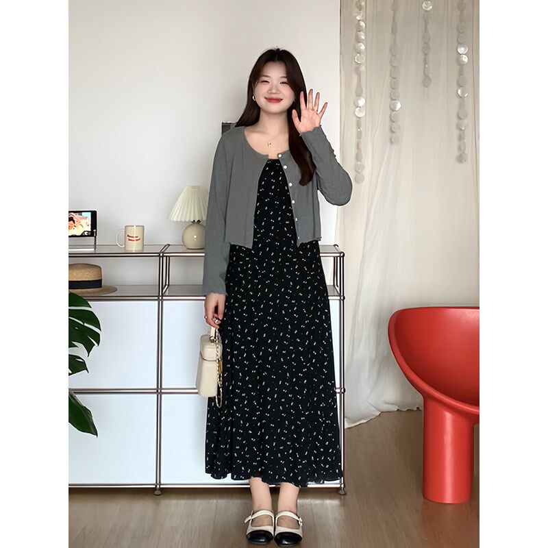 微胖的喵喵 大码女装mm春夏时尚显瘦牛仔外套碎花吊带裙套装 2906