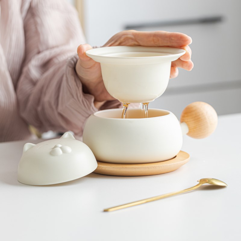 寸瓷 小萌猫泡茶杯茶杯陶瓷茶水分离马克杯礼物创意咖啡杯水杯
