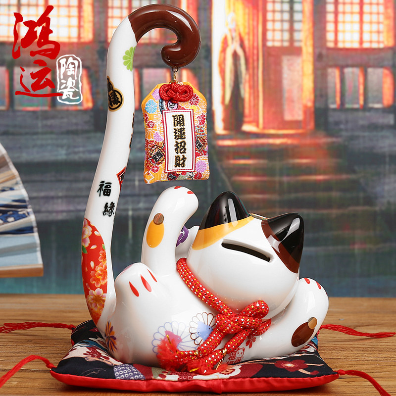 招财猫陶瓷存钱罐创意长尾猫开业礼物店铺收银台摆件家居客厅饰品