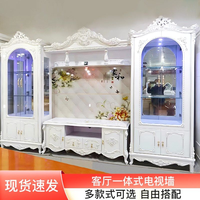 欧式电视机柜背景墙组合客厅酒柜储物柜家用影视柜地柜一体奢华白