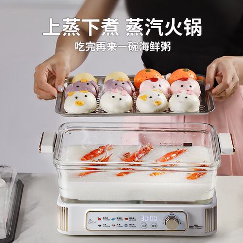 JESE洁氏电蒸锅家用多功能蒸煮一体玻璃大容量三层火锅蒸汽电炖锅