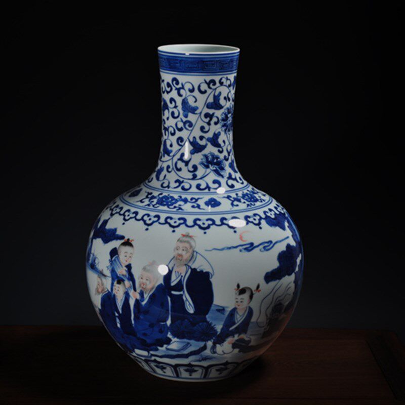 花瓶陶瓷摆件青花瓷 景德镇仿古手绘福桶 高档客厅家用玄关装饰品