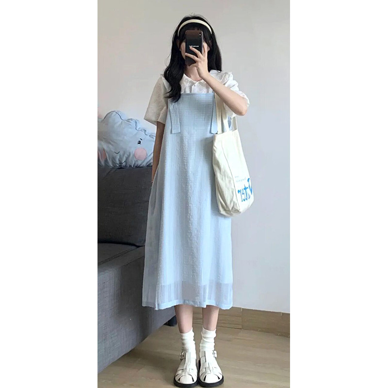 初中生娃娃领上衣套装裙夏少女高中学生小清新甜美浅色背带连衣裙