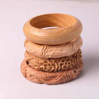桃木手镯花开富贵节节高年年有余鸳鸯原木雕手链手串复古中国风