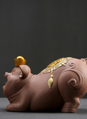 中式创意紫砂摆件大号可爱招财猪 办公室客厅家居陶瓷工艺品装饰