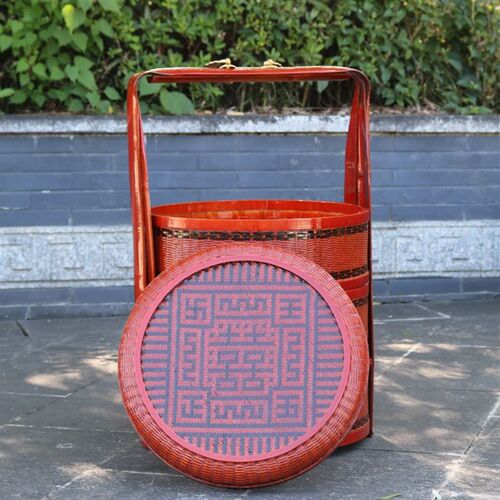 竹编篮子结婚篮子定亲篮子竹制红色婚庆篮带扁担一对喜事篮