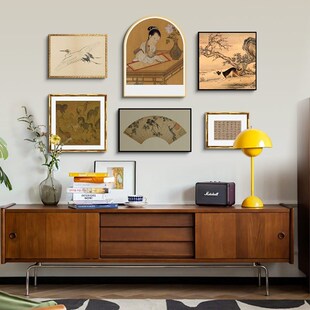 新中式中古客厅书房复古艺术装饰画法式中国风组合茶楼挂画百马图