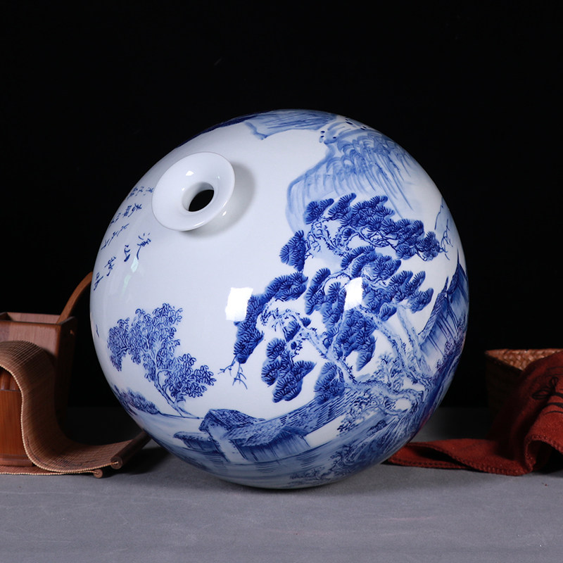 景德镇手绘青花瓷花瓶山水画石榴瓶插花新中式客厅陶瓷器摆件小号