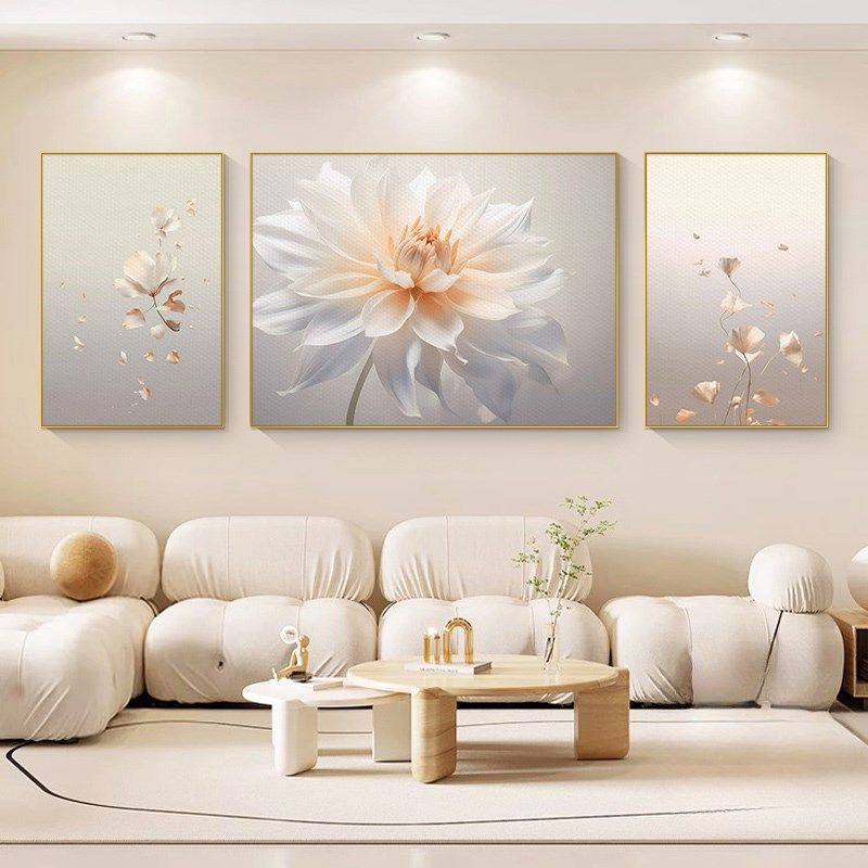 奶油风客厅大白墙装饰画白牡丹新款壁画轻奢高级感沙发背景墙挂画