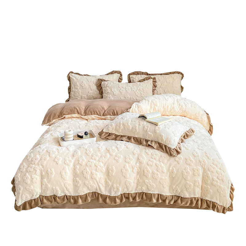 2023新款冬季加厚牛奶塔芙绒四件套珊瑚绒床单花边被套加绒三件套