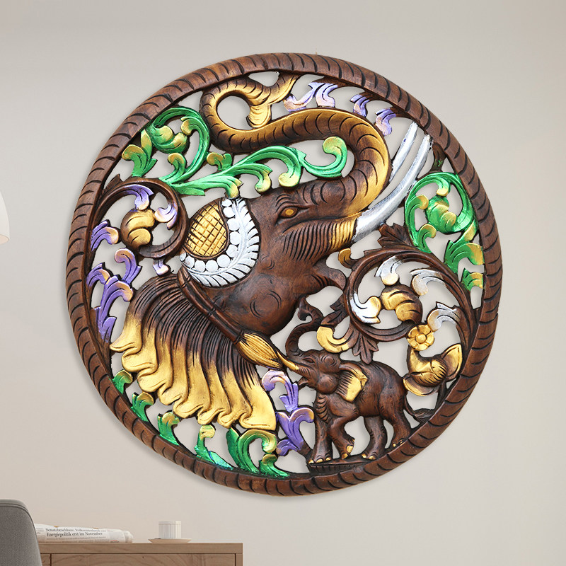 泰国雕刻工艺品东阳实木雕壁挂大象柚木雕花板客厅玄关背景墙挂件