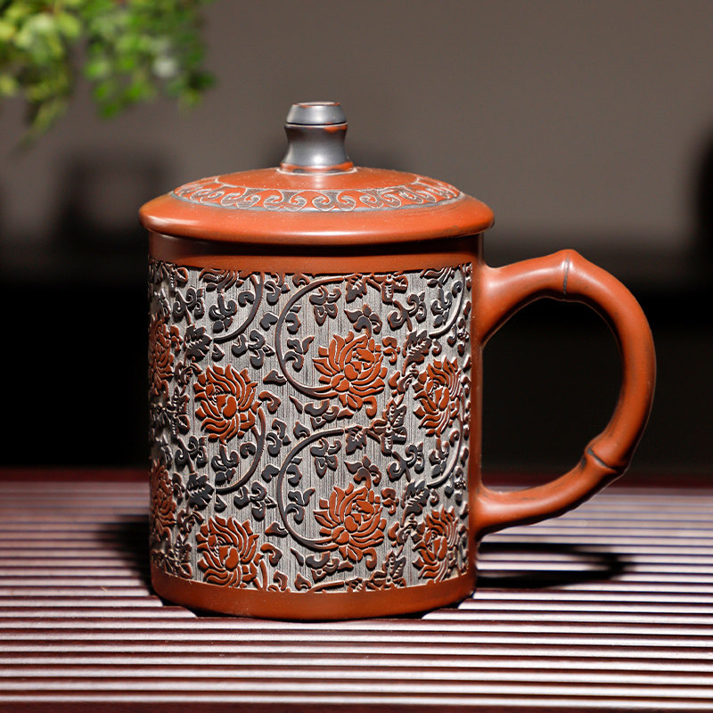 钦州坭兴陶主人茶杯 缠枝纹水杯 带盖把口杯办公家用杯子陶瓷茶具
