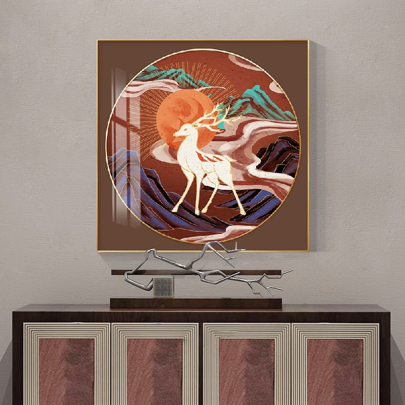 新中式玄关装饰画敦煌九色鹿饭厅挂画客厅背景国潮方形寓意好网红