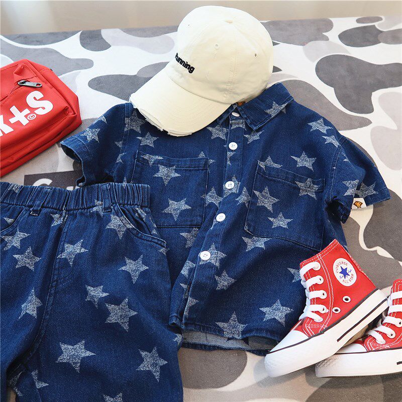 夏季男童满印星星纯棉纱软薄蓝色牛仔短袖衬衫儿童宝宝五分裤套装
