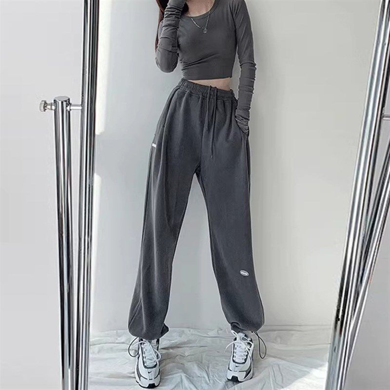 美式休闲卫裤女大码秋季2024新款胖妹妹mm宽松显瘦束脚直筒阔腿裤