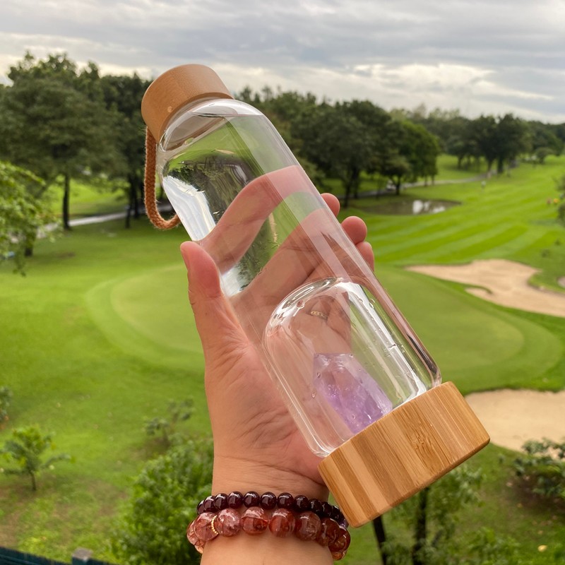 竹盖子天然水晶能量杯碎石宝石杯水樽水杯圆形旅行水质北欧玻璃杯