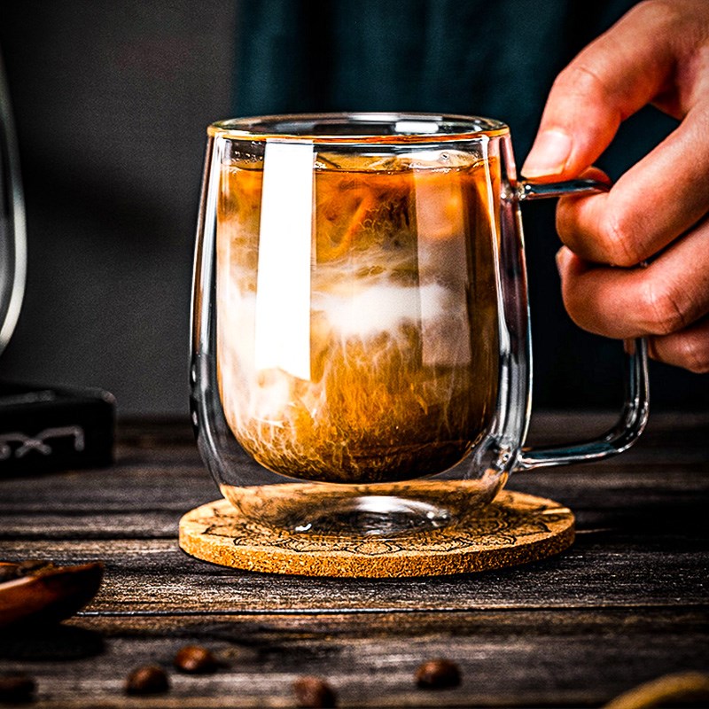 双层玻璃咖啡杯子带把手马克杯家用泡茶杯高硼硅隔热喝水牛奶拿铁