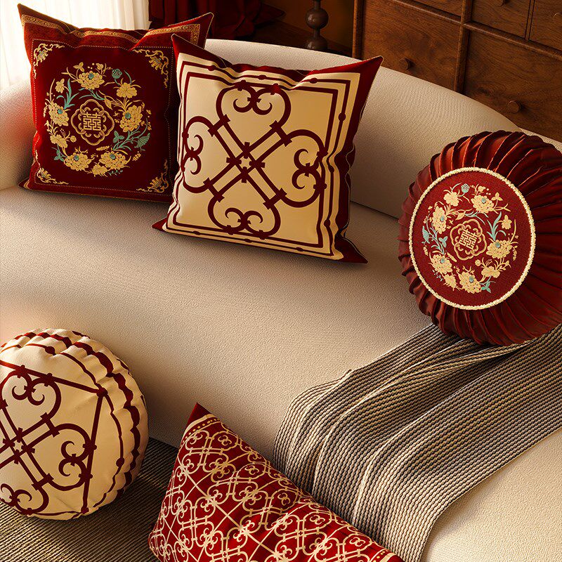 新中式红色喜庆抱枕客厅沙发腰枕国风结婚靠枕靠垫高级感床头靠背