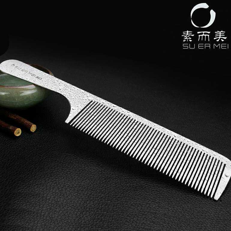 新款 素而美薄专业美发发型师钛钢平头剪发尖尾不锈钢金属梳子图片